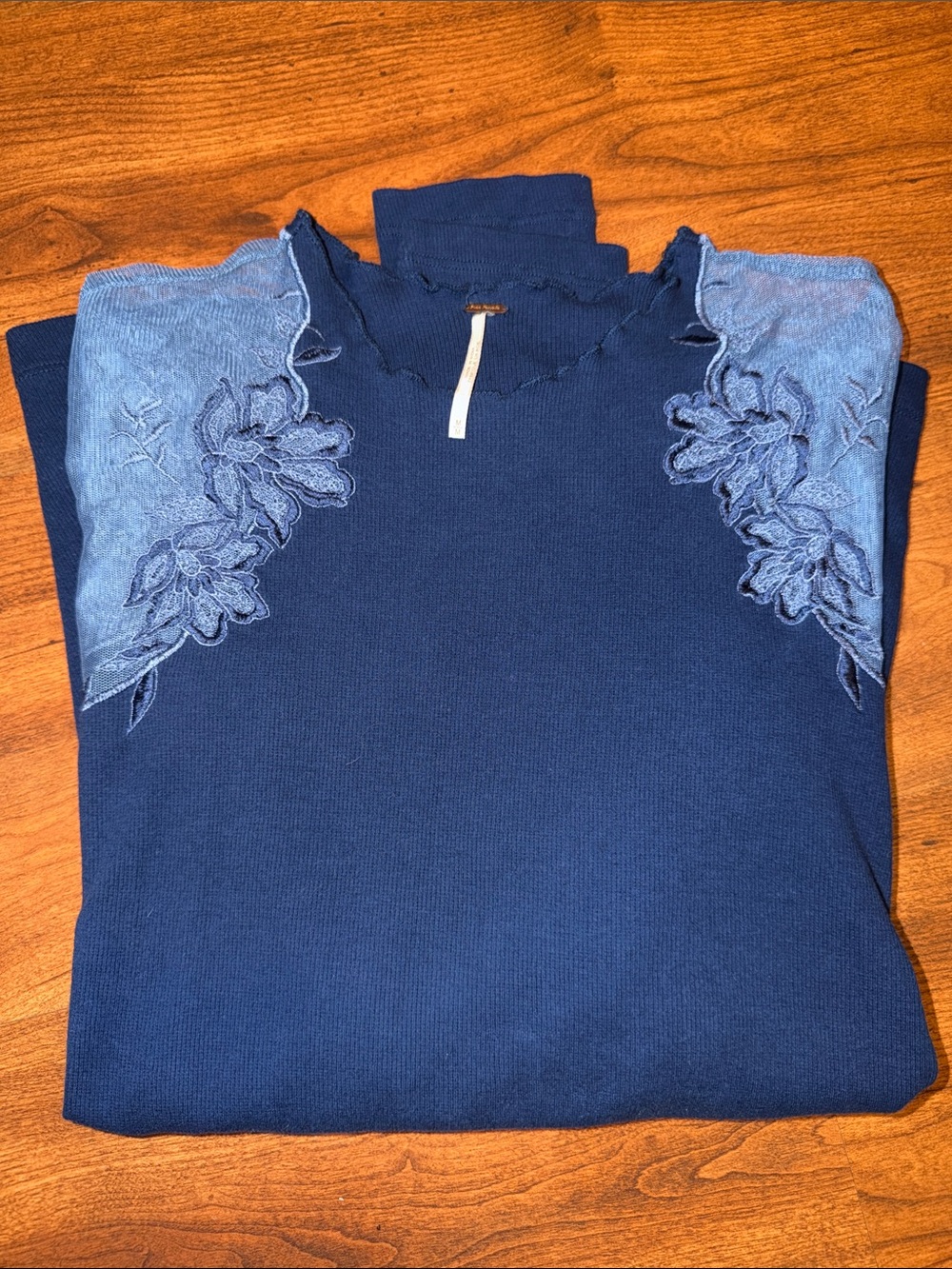 Free People Navy Blue Long Sleeve Floral Applique Tee